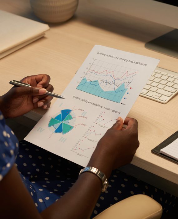 Female entrepreneur analyzing activity of her company